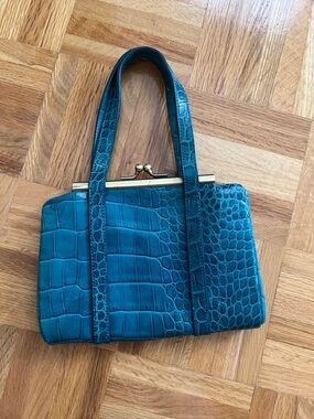 Club Monaco Teal Croc-Embossed Top-Handle Bag